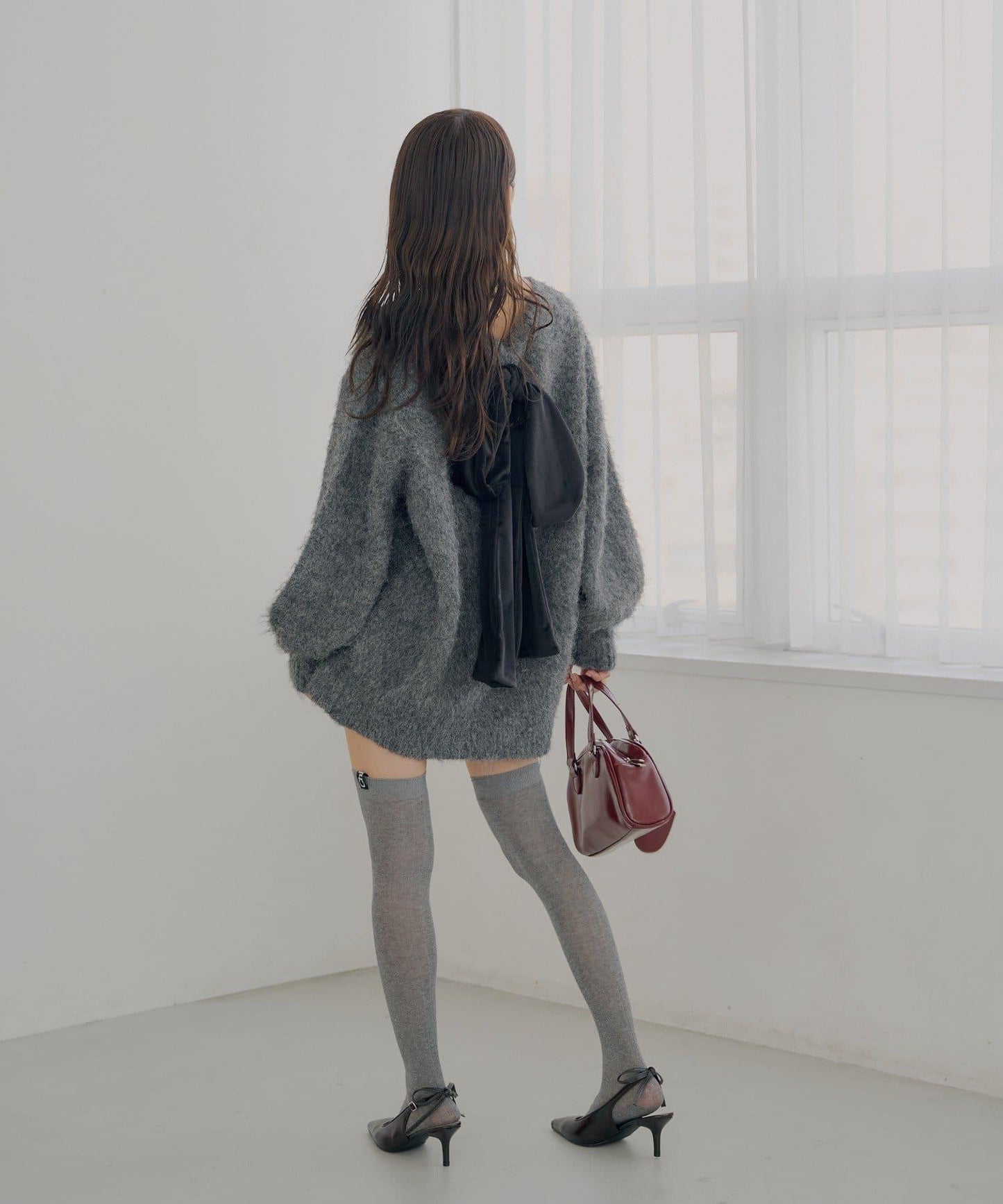 2WAY背部開口天鵝絨蝴蝶結寬鬆針織衫