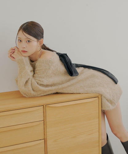 2WAY背部開口天鵝絨蝴蝶結寬鬆針織衫