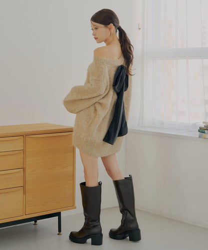 2WAY背部開口天鵝絨蝴蝶結寬鬆針織衫