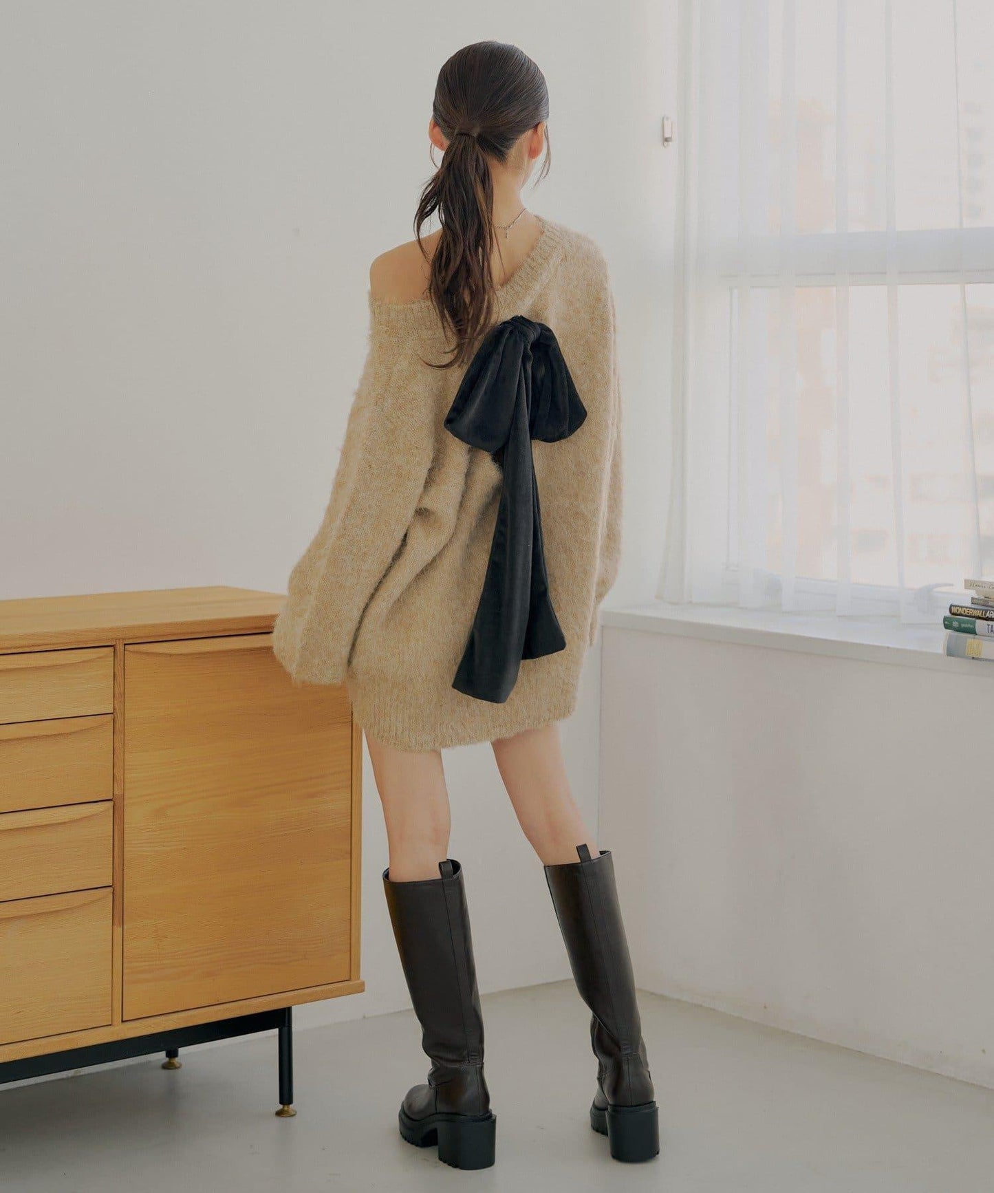 2WAY背部開口天鵝絨蝴蝶結寬鬆針織衫