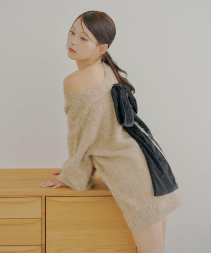 2WAY背部開口天鵝絨蝴蝶結寬鬆針織衫