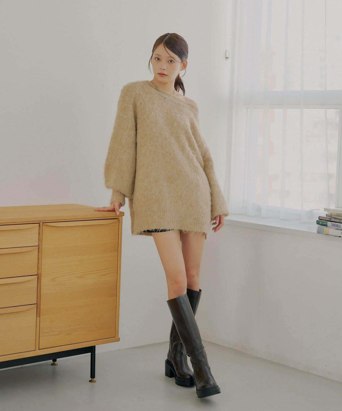 2WAY背部開口天鵝絨蝴蝶結寬鬆針織衫