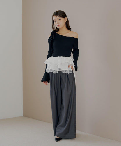 【SALON by Chico】可拆卸荷葉邊寬鬆休閒褲