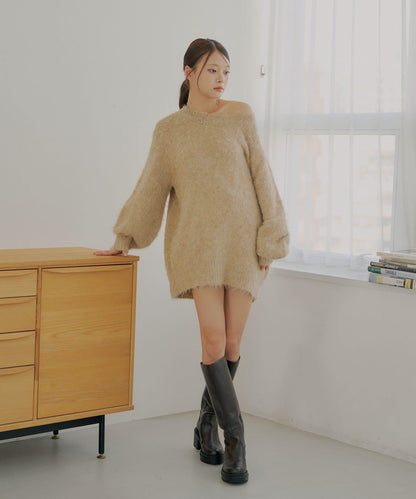 2WAY背部開口天鵝絨蝴蝶結寬鬆針織衫