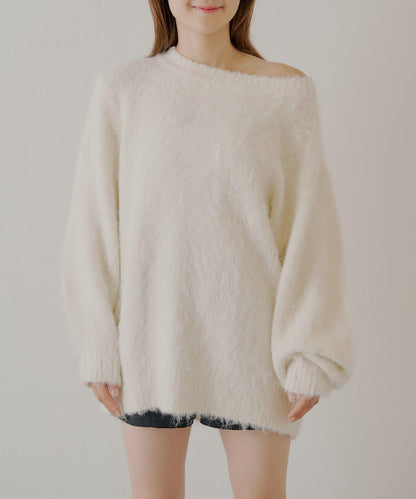 2WAY背部開口天鵝絨蝴蝶結寬鬆針織衫