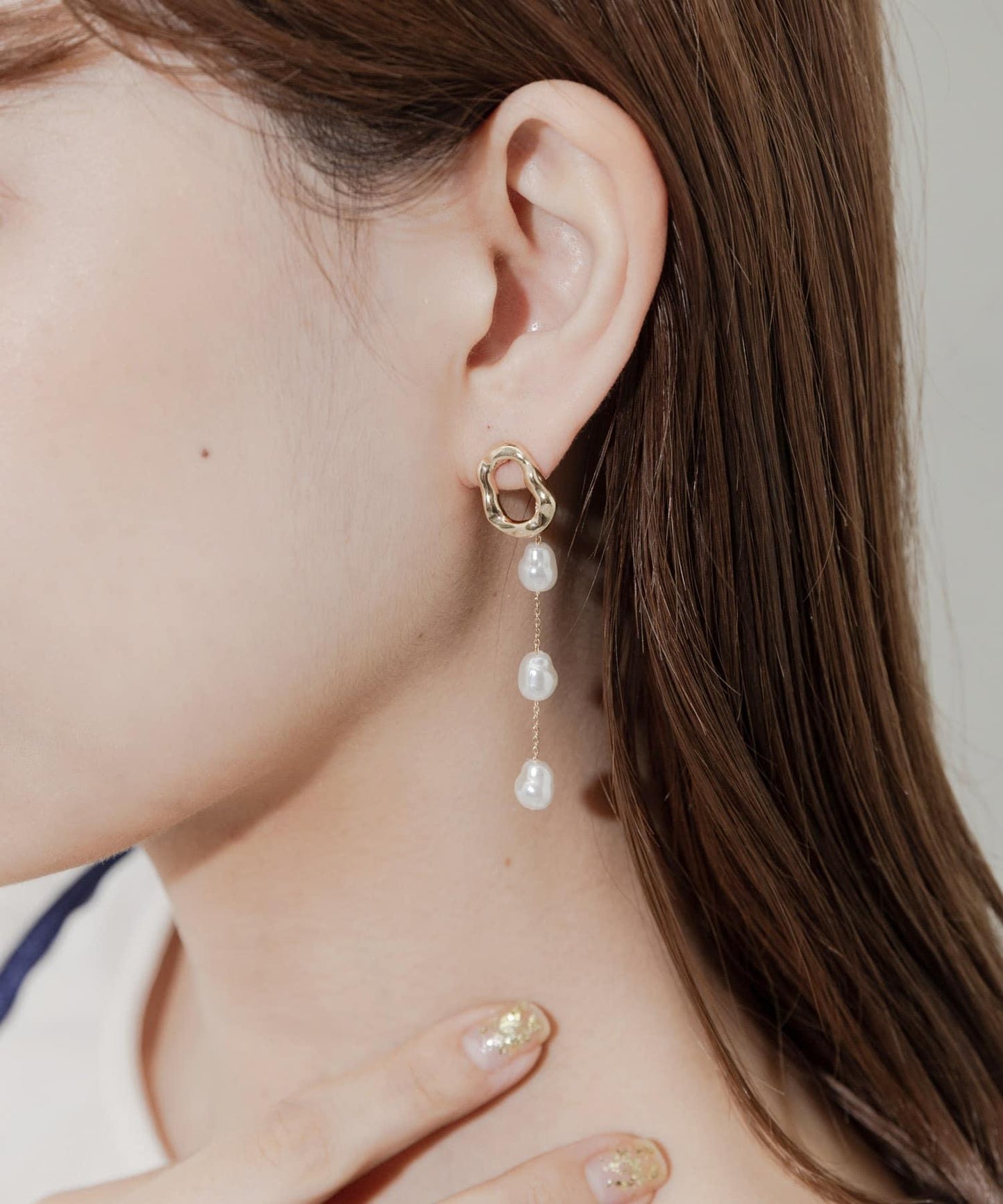 三層珍珠鏈條耳環