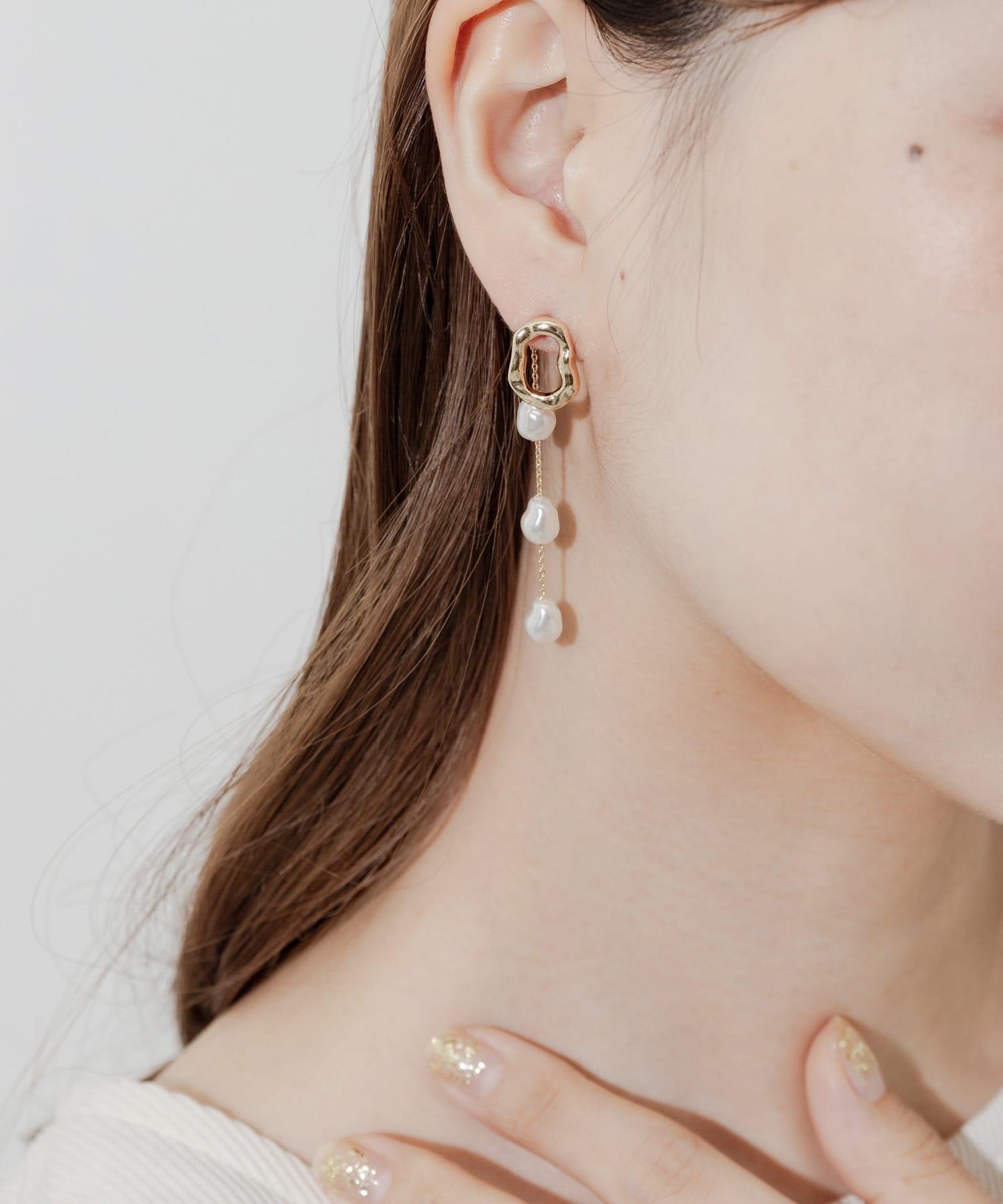 三層珍珠鏈條耳環