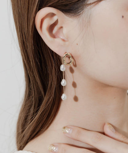 三層珍珠鏈條耳環