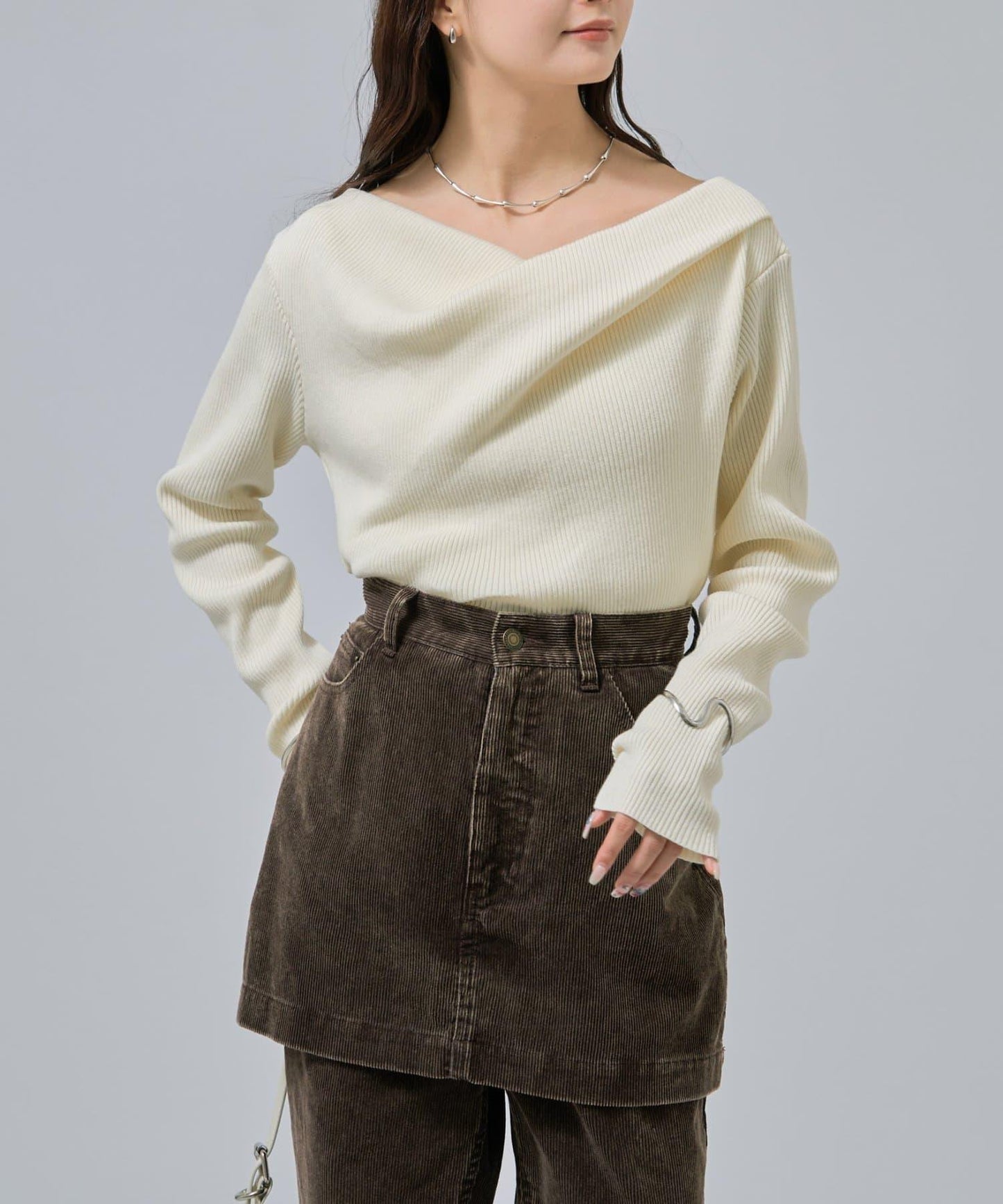 【米色・酒紅 EC限定!】一字肩羅紋針織衫