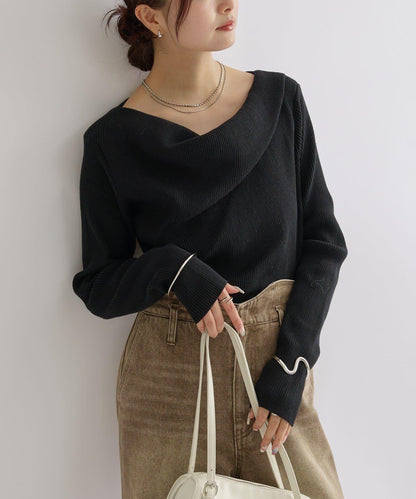 【米色・酒紅 EC限定!】一字肩羅紋針織衫