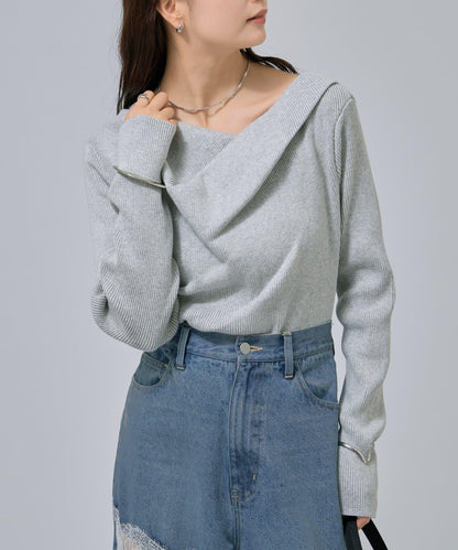 【米色・酒紅 EC限定!】一字肩羅紋針織衫