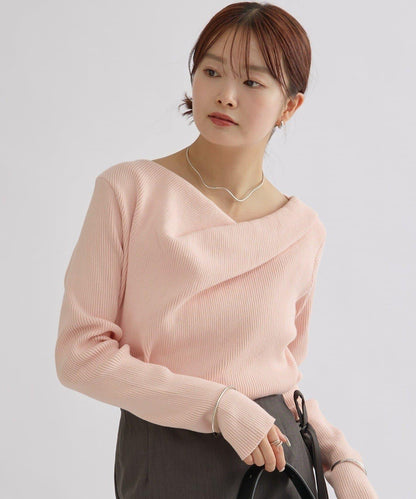 【米色・酒紅 EC限定!】一字肩羅紋針織衫