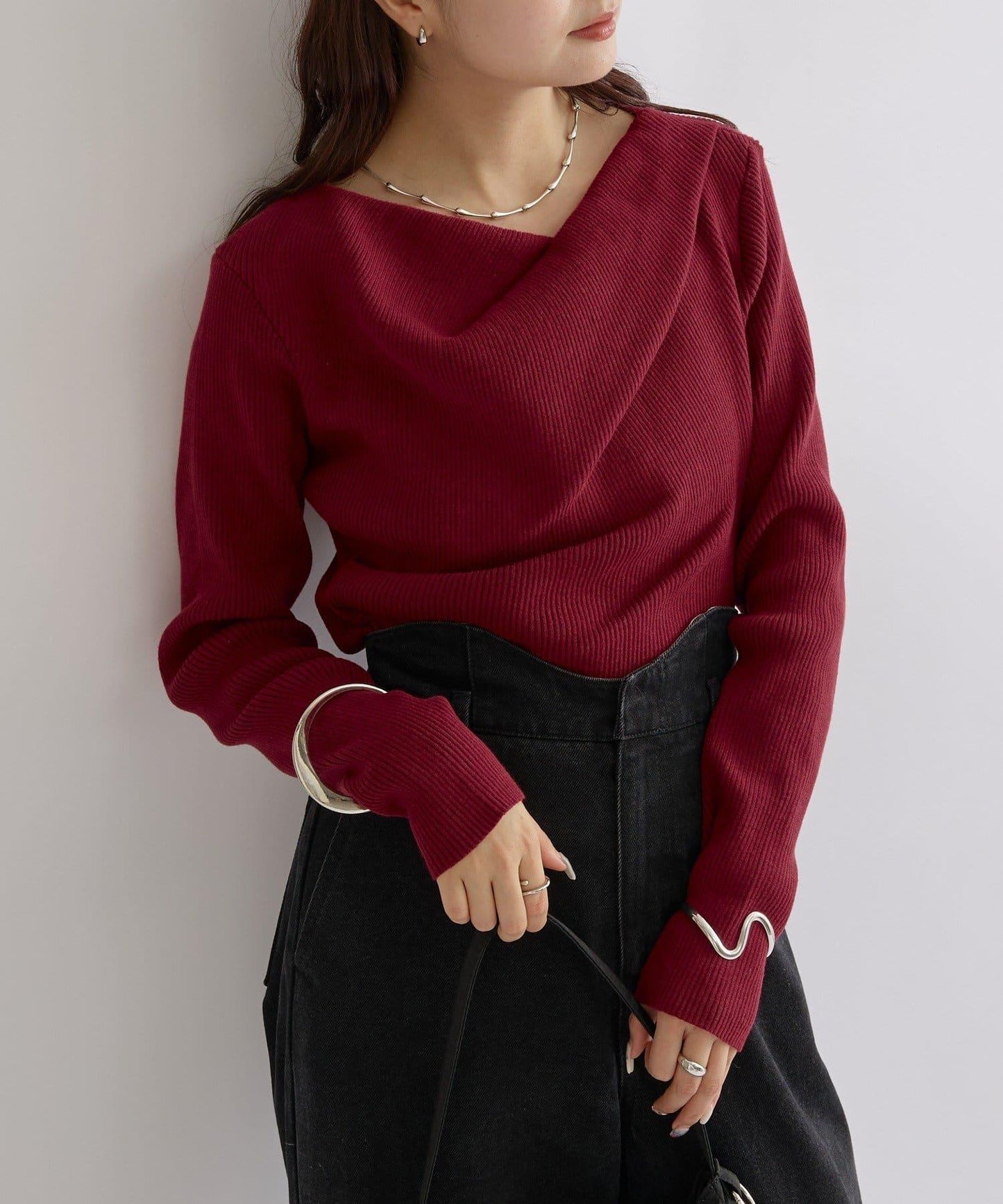 【米色・酒紅 EC限定!】一字肩羅紋針織衫