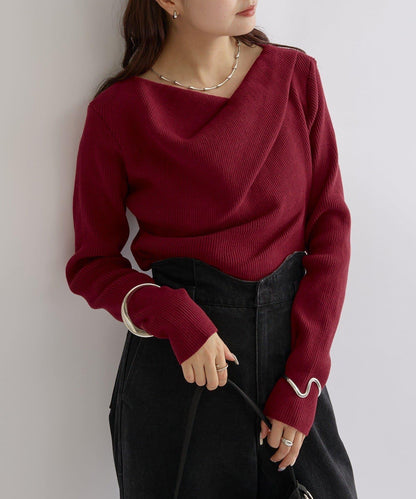 【米色・酒紅 EC限定!】一字肩羅紋針織衫