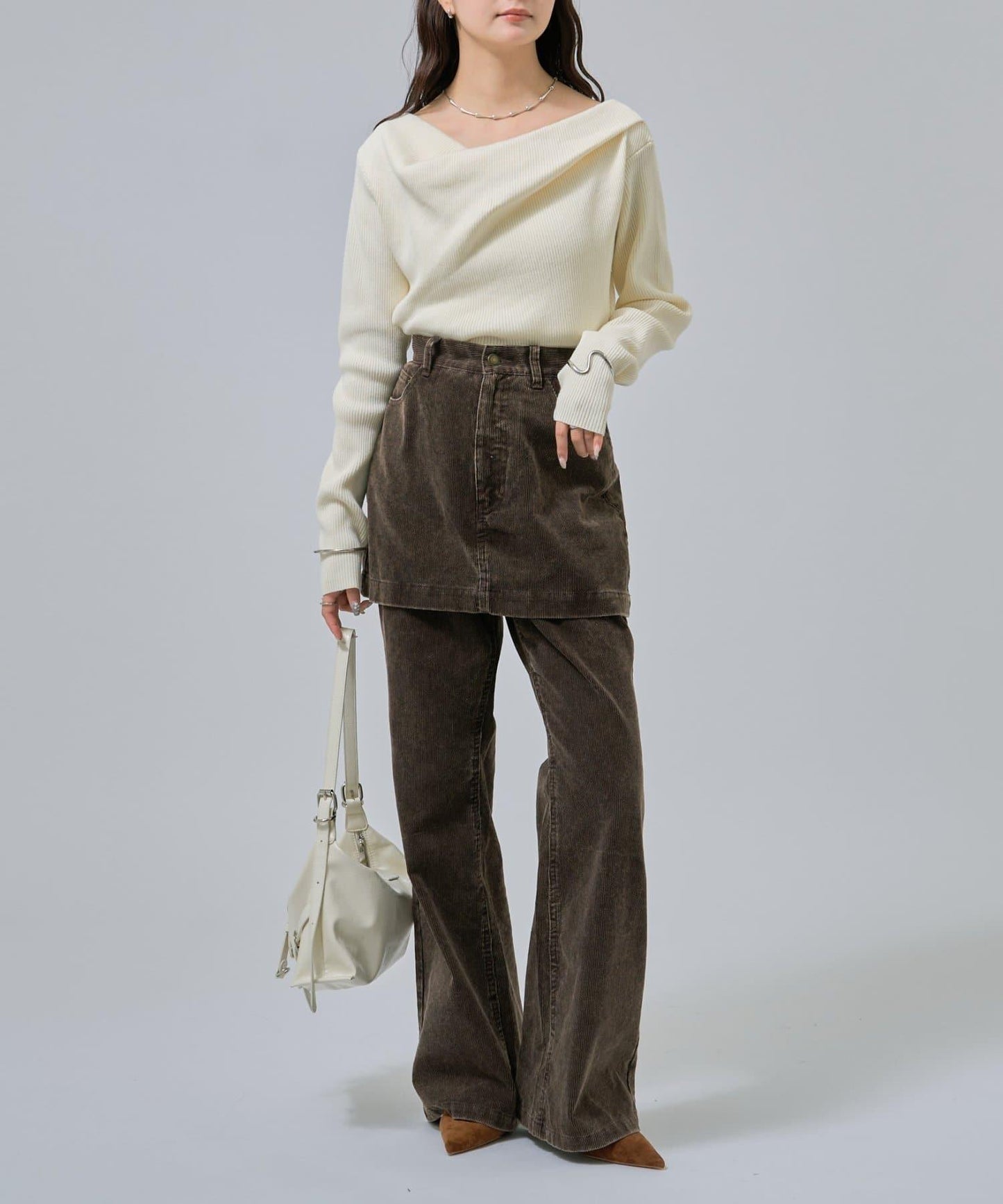 【米色・酒紅 EC限定!】一字肩羅紋針織衫