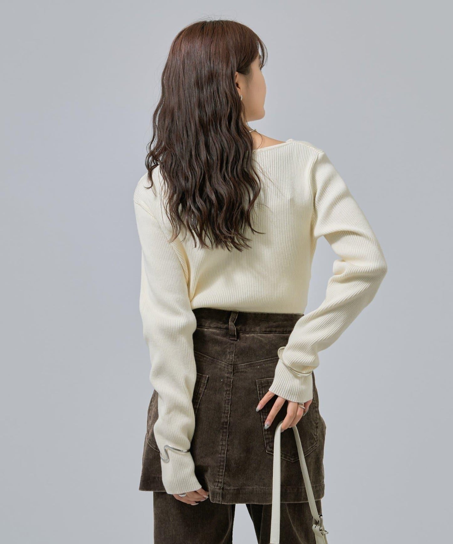 【米色・酒紅 EC限定!】一字肩羅紋針織衫