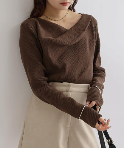 【米色・酒紅 EC限定!】一字肩羅紋針織衫