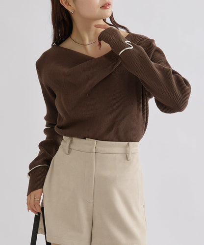 【米色・酒紅 EC限定!】一字肩羅紋針織衫