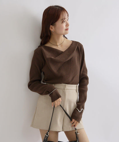 【米色・酒紅 EC限定!】一字肩羅紋針織衫