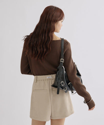 【米色・酒紅 EC限定!】一字肩羅紋針織衫