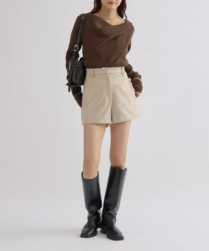 【米色・酒紅 EC限定!】一字肩羅紋針織衫