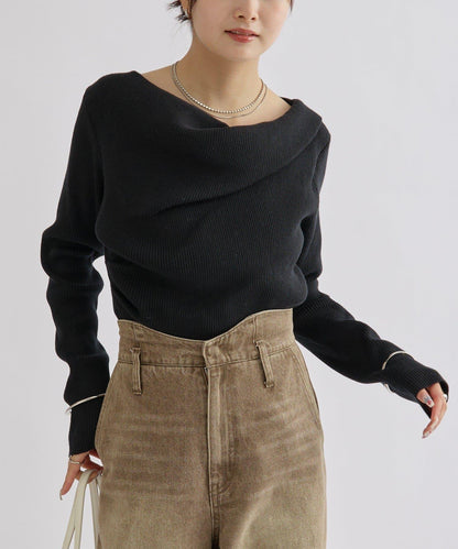 【米色・酒紅 EC限定!】一字肩羅紋針織衫