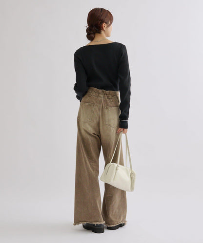 【米色・酒紅 EC限定!】一字肩羅紋針織衫