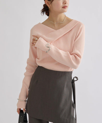 【米色・酒紅 EC限定!】一字肩羅紋針織衫