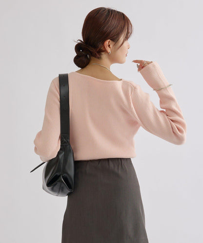 【米色・酒紅 EC限定!】一字肩羅紋針織衫