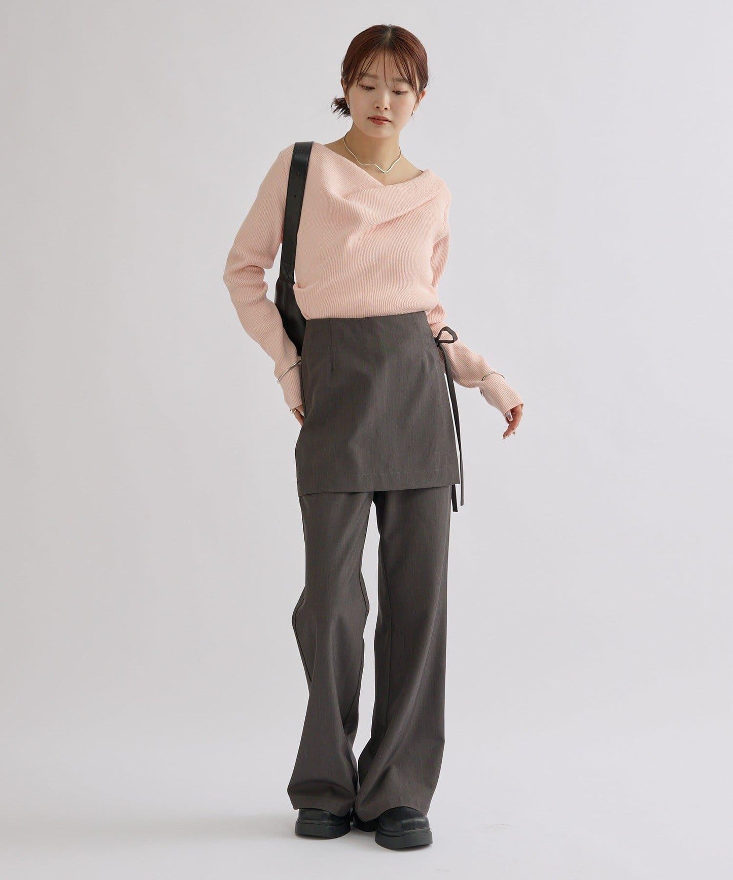 【米色・酒紅 EC限定!】一字肩羅紋針織衫