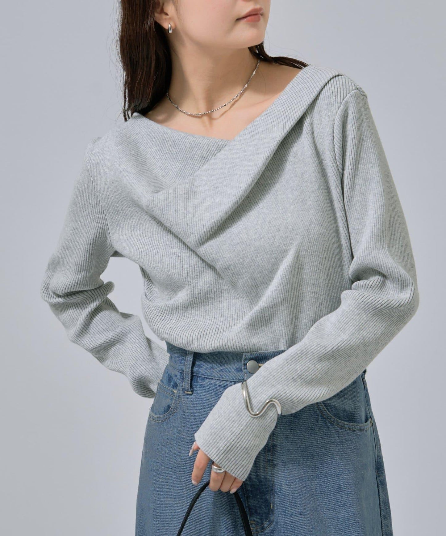 【米色・酒紅 EC限定!】一字肩羅紋針織衫