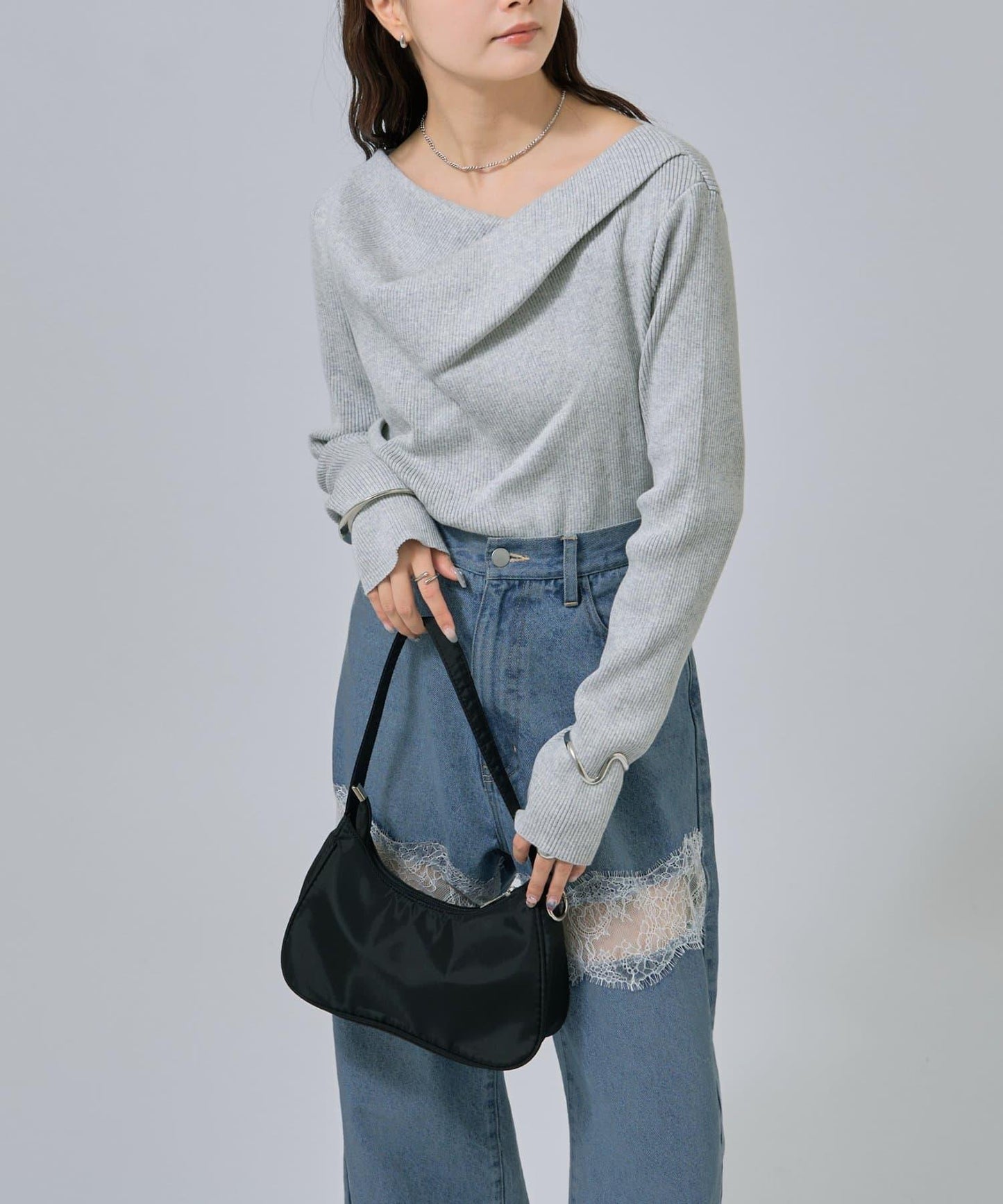 【米色・酒紅 EC限定!】一字肩羅紋針織衫