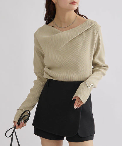 【米色・酒紅 EC限定!】一字肩羅紋針織衫