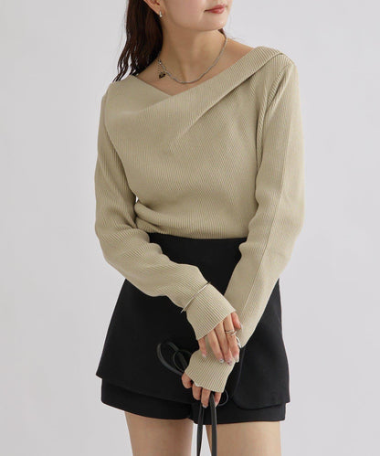 【米色・酒紅 EC限定!】一字肩羅紋針織衫