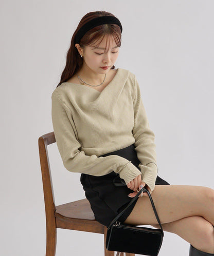 【米色・酒紅 EC限定!】一字肩羅紋針織衫