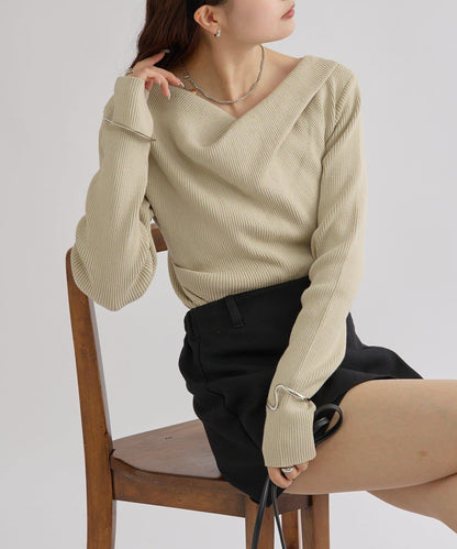 【米色・酒紅 EC限定!】一字肩羅紋針織衫