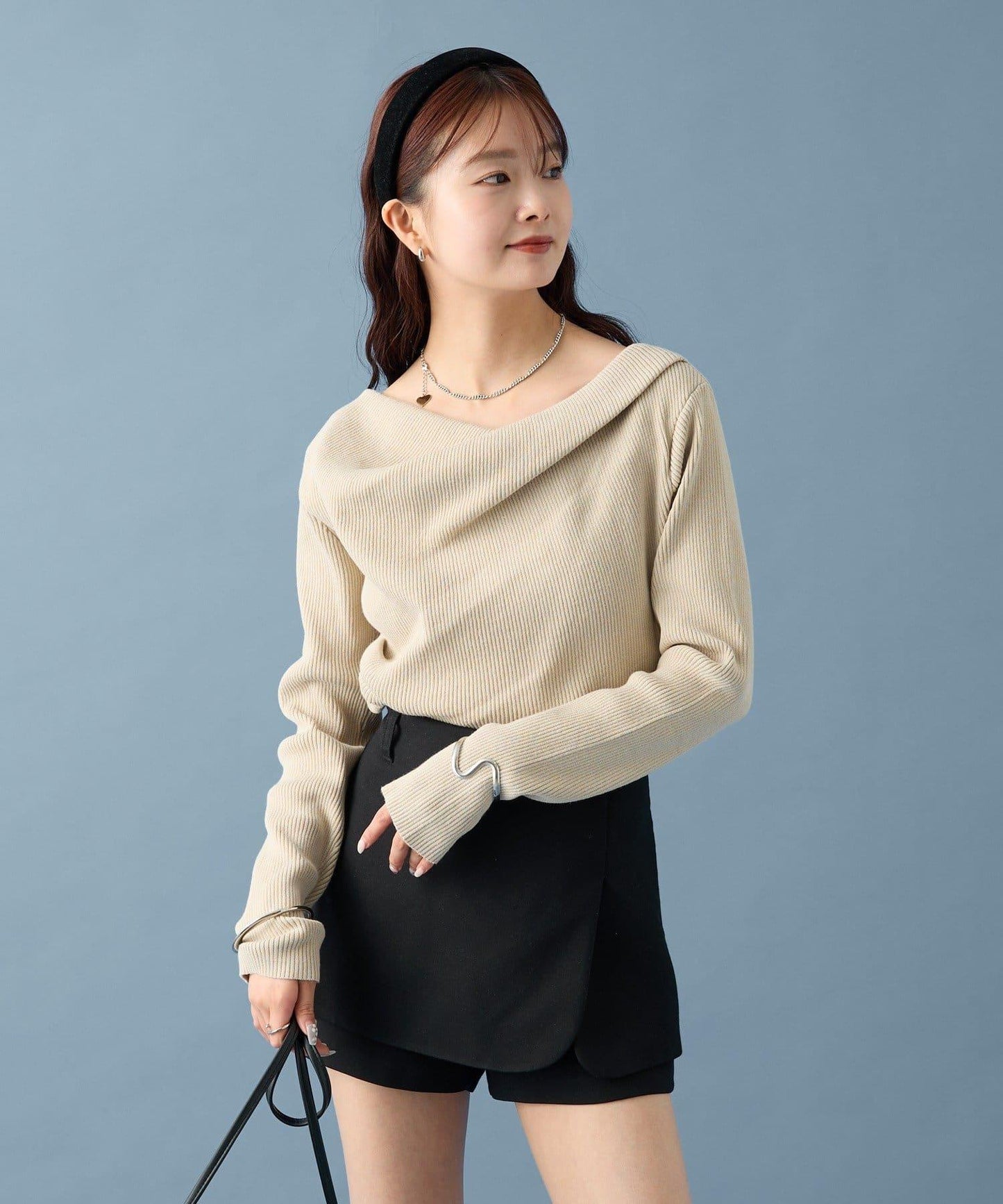 【米色・酒紅 EC限定!】一字肩羅紋針織衫