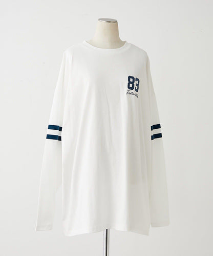 【NUNIFE】袖部條紋數字印花寬鬆T恤