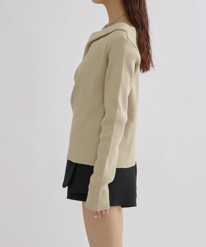 【米色・酒紅 EC限定!】一字肩羅紋針織衫