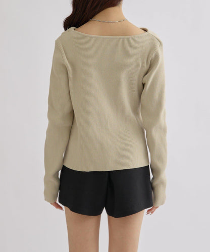 【米色・酒紅 EC限定!】一字肩羅紋針織衫