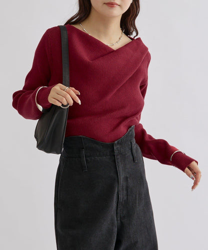 【米色・酒紅 EC限定!】一字肩羅紋針織衫