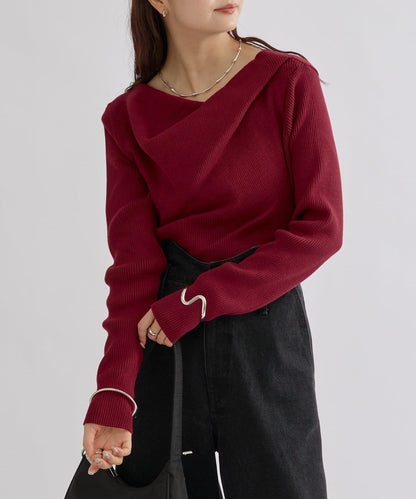 【米色・酒紅 EC限定!】一字肩羅紋針織衫