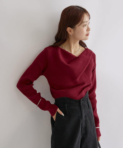 【米色・酒紅 EC限定!】一字肩羅紋針織衫