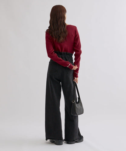 【米色・酒紅 EC限定!】一字肩羅紋針織衫