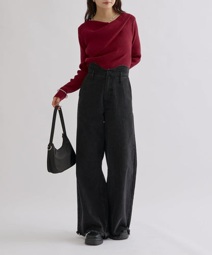 【米色・酒紅 EC限定!】一字肩羅紋針織衫