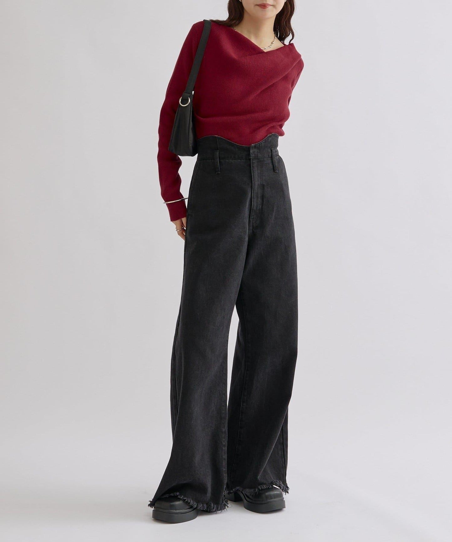 【米色・酒紅 EC限定!】一字肩羅紋針織衫