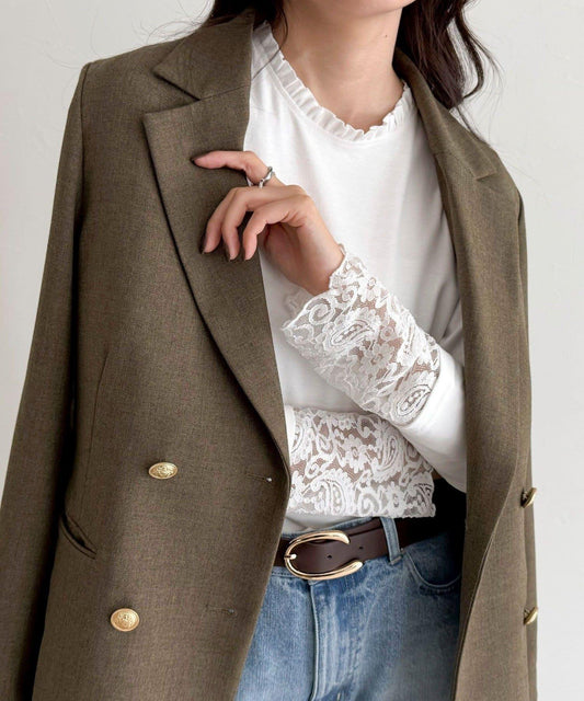 蕾絲袖口荷葉邊長袖T恤