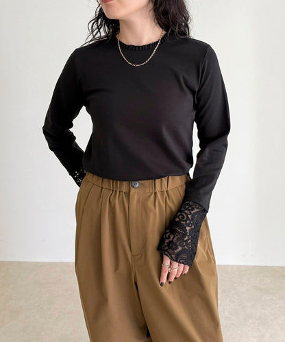 蕾絲袖口荷葉邊長袖T恤