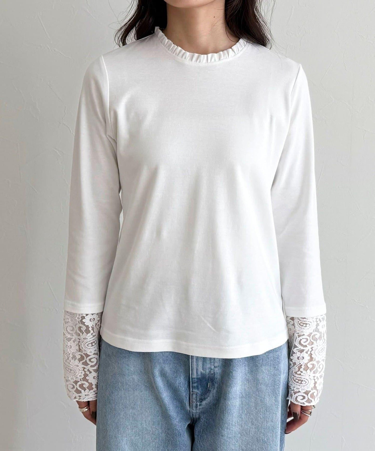 蕾絲袖口荷葉邊長袖T恤