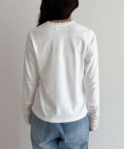 蕾絲袖口荷葉邊長袖T恤